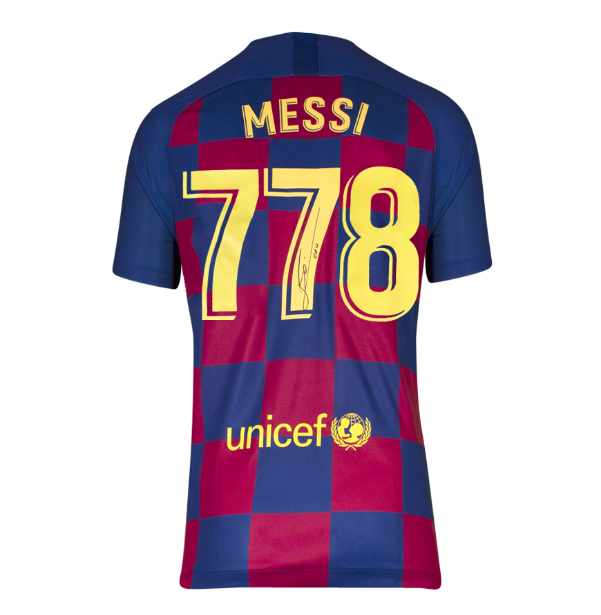 Lionel Messi Official UEFA Champions League Back Signed and Hero Framed FC Barcelona 2019-20 Home Shirt: 778 Appearances Edition