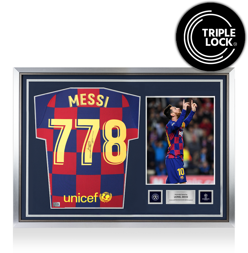 Lionel Messi Official UEFA Champions League Back Signed and Hero Framed FC Barcelona 2019-20 Home Shirt: 778 Appearances Edition