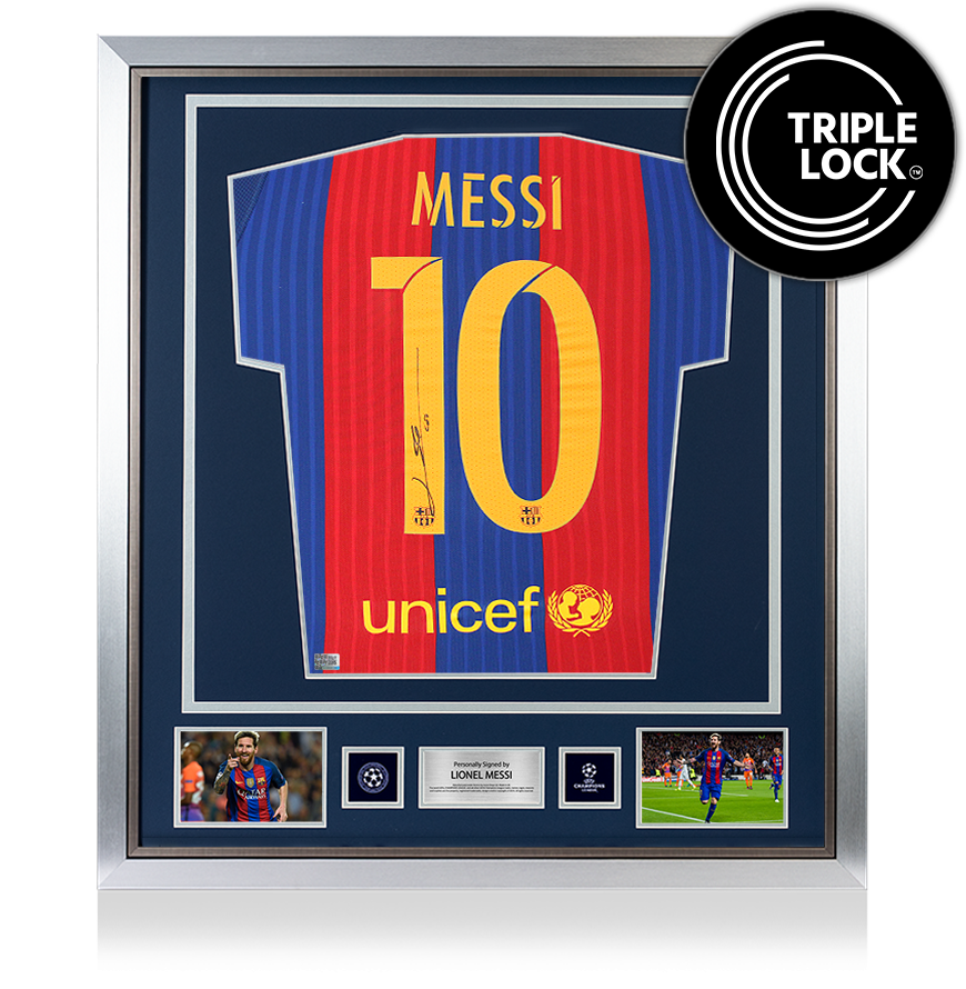Lionel Messi Official UEFA Champions League Back Signed and Framed FC Barcelona 2016-17 Home Shirt