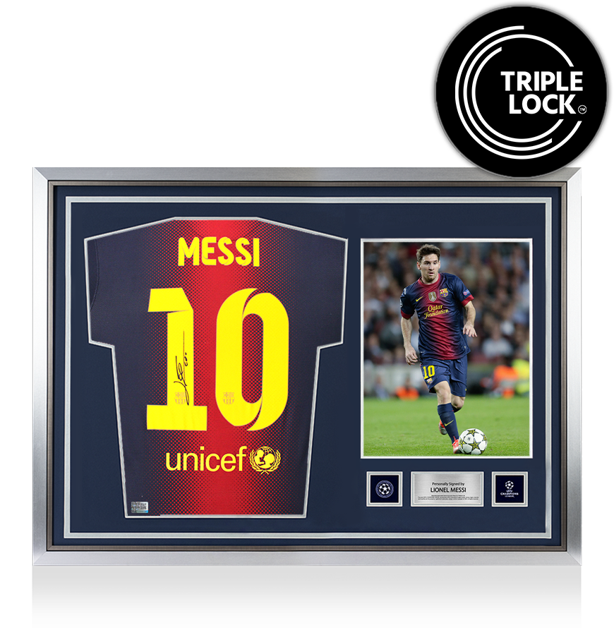 Lionel Messi Official UEFA Champions League Back Signed and Hero Framed FC Barcelona 2012-13 Home Shirt