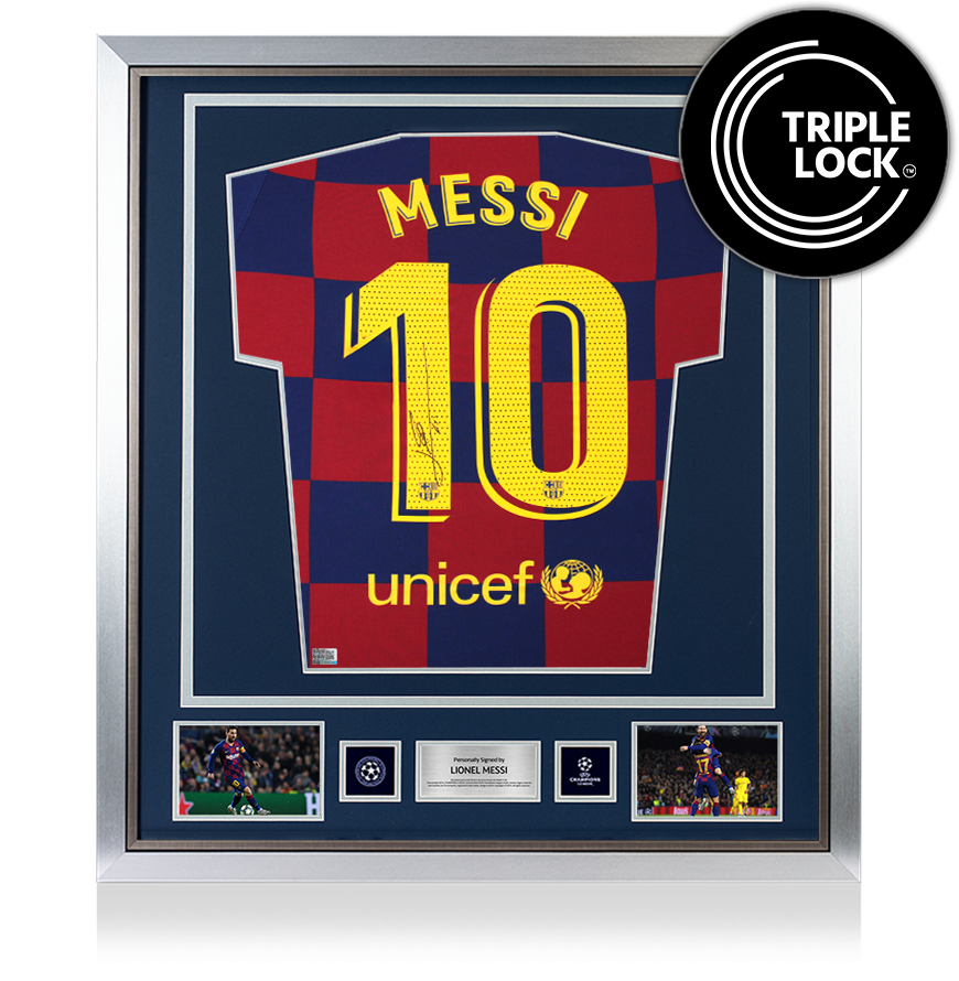 Lionel Messi Official UEFA Champions League Back Signed and Framed FC Barcelona 2019-20 Home Shirt