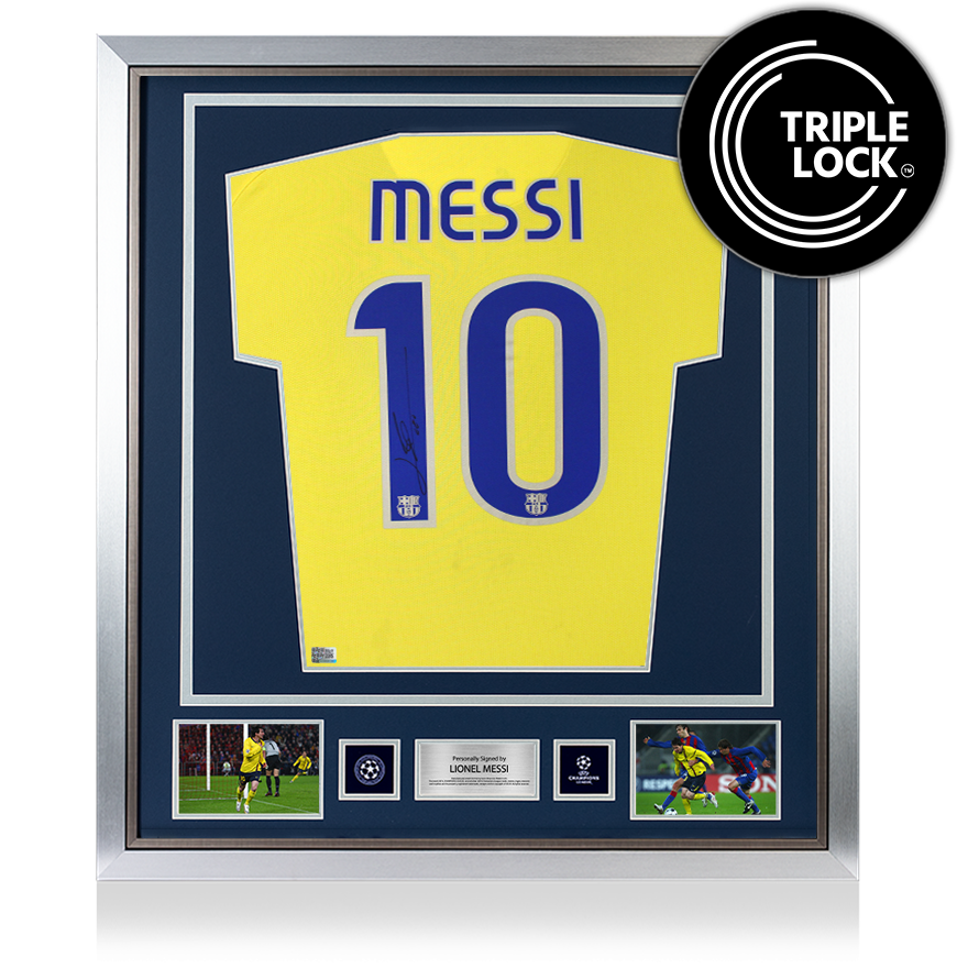Lionel Messi Official UEFA Champions League Back Signed and Framed FC Barcelona 2008-10 Away Shirt