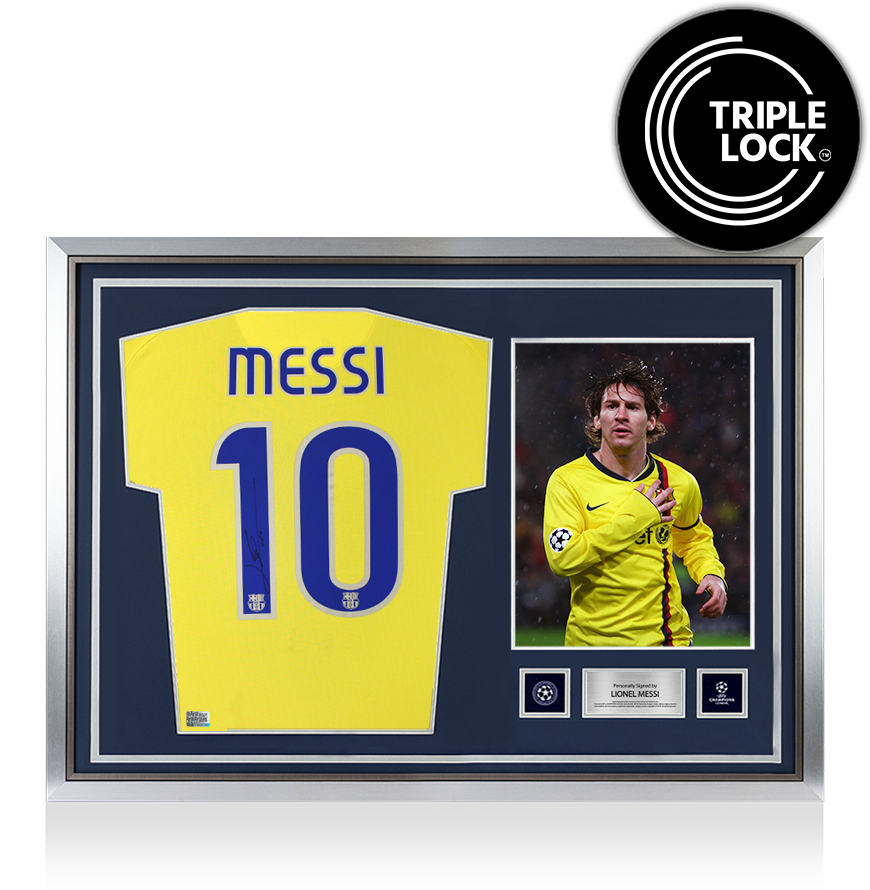Lionel Messi Official UEFA Champions League Back Signed and Hero Framed FC Barcelona 2008-10 Away Shirt