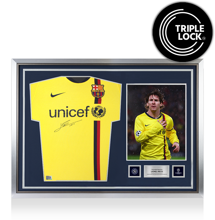 Lionel Messi Official UEFA Champions League Front Signed and Hero Framed FC Barcelona 2008-10 Away Shirt
