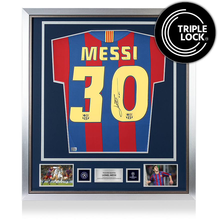 Lionel Messi Official UEFA Champions League Back Signed and Framed FC Barcelona 2005-06 Home Shirt