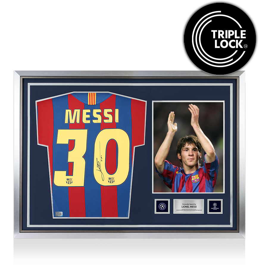 Lionel Messi Official UEFA Champions League Back Signed and Hero Framed FC Barcelona 2005-06 Home Shirt
