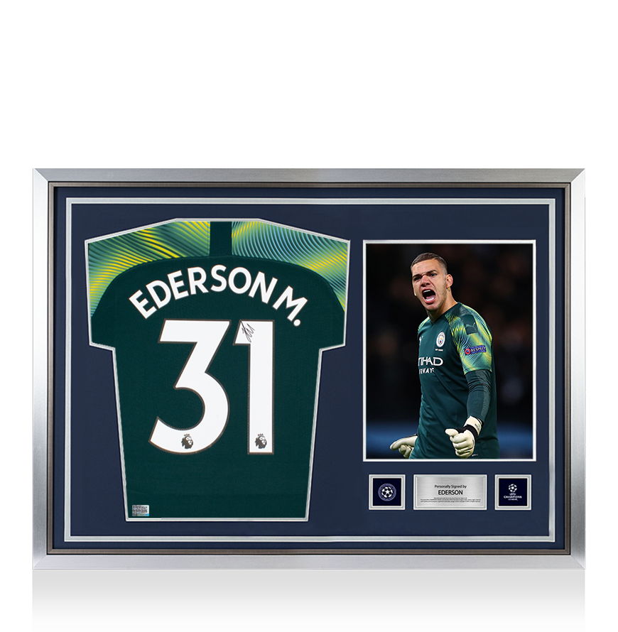 Ederson Official UEFA Champions League Back Signed and Hero Framed Manchester City 2019-20 Goalkeeper Shirt