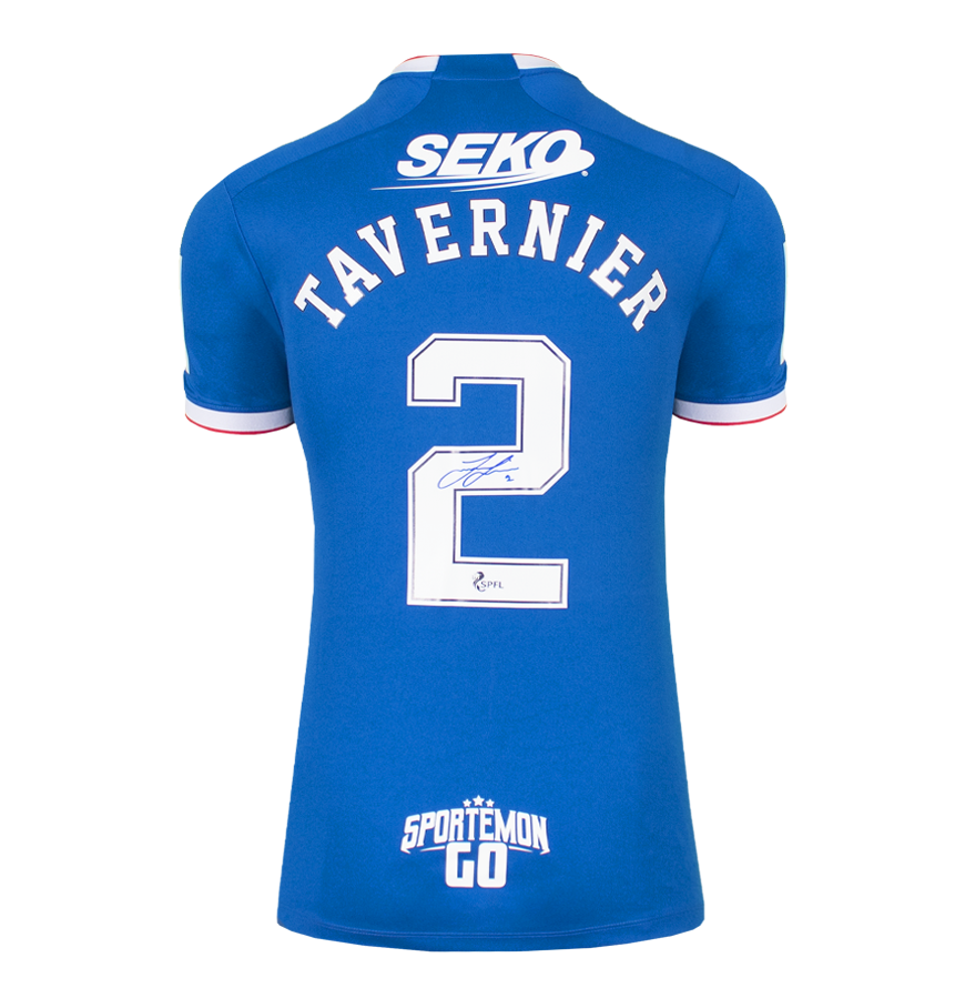 James Tavernier Official UEFA Champions League Back Signed and Framed Rangers FC 2022-23 Home Shirt