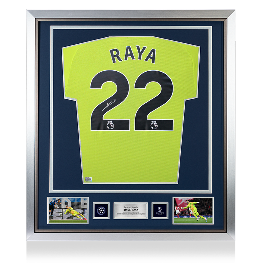 David Raya Official UEFA Champions League Back Signed and Framed Arsenal 2024-25 Home Goalkeeper Shirt